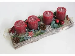 Adventsgesteck auf Rindentablett mit 4 Kerze 40 cm Bordeaux