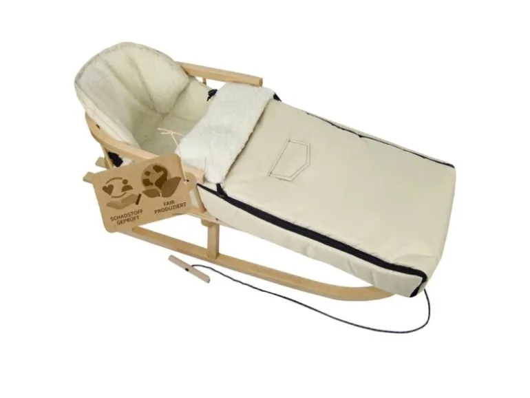 Bambiniwelt by Rafael K. Holzschlitten mit Rückenlehne und Winterfußsack 108cm Lammwolle Wasserabweisend Kombi-Set für Kinderwagen Buggy Beige
