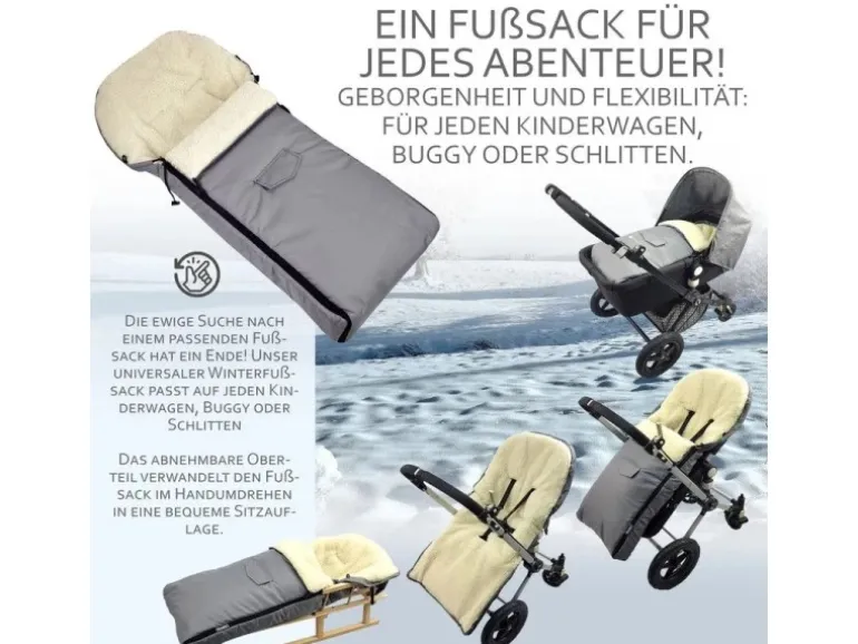Bambiniwelt by Rafael K. Holzschlitten mit Rückenlehne und Winterfußsack 108cm Lammwolle Wasserabweisend Kombi-Set für Kinderwagen Buggy Dunkelgrau