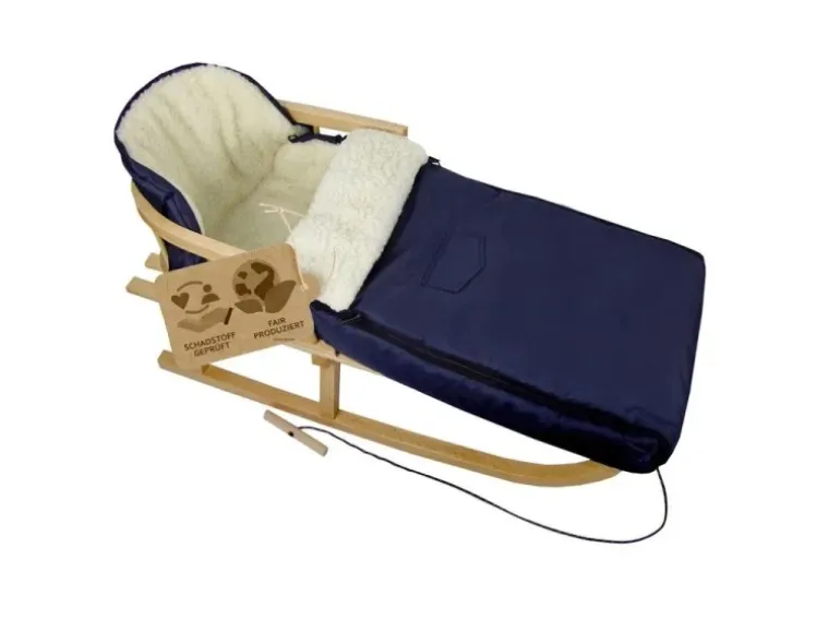 Bambiniwelt by Rafael K. Holzschlitten mit Rückenlehne und Winterfußsack 108cm Lammwolle Wasserabweisend Kombi-Set für Kinderwagen Buggy Marine