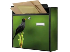 Banjado Briefkasten Schwarz 36.2x32.2x10cm Groß / Inkl. Montagematerial & 2 Schlüsseln / Mit Namensschild Motiv Vogel Auf Tannenzweig