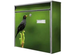 Banjado Briefkasten Silber 36.2x32.2x10cm Groß / Inkl. Montagematerial & 2 Schlüsseln / Mit Namensschild Motiv Vogel Auf Tannenzweig