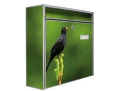 Banjado Briefkasten Silber 36.2x32.2x10cm Groß / Inkl. Montagematerial & 2 Schlüsseln / Mit Namensschild Motiv Vogel Auf Tannenzweig