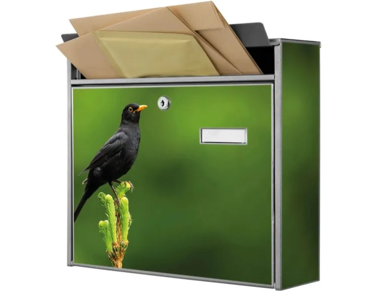 Banjado Briefkasten Silber 36.2x32.2x10cm Groß / Inkl. Montagematerial & 2 Schlüsseln / Mit Namensschild Motiv Vogel Auf Tannenzweig