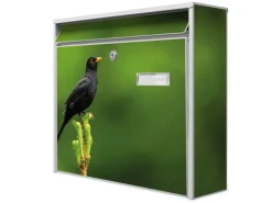 Banjado Briefkasten Weiß 36.2x32.2x10cm Groß / Inkl. Montagematerial & 2 Schlüsseln / Mit Namensschild Motiv Vogel Auf Tannenzweig