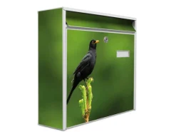 Banjado Briefkasten Weiß 36.2x32.2x10cm Groß / Inkl. Montagematerial & 2 Schlüsseln / Mit Namensschild Motiv Vogel Auf Tannenzweig