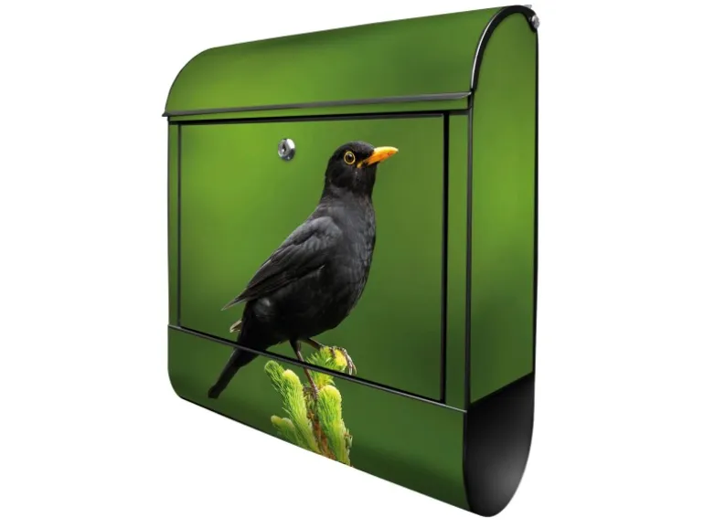 Banjado Design Briefkasten Schwarz Pulverbeschichtet 39x47x14cm 2 Schlüssel Mit Zeitungsfach Motiv Vogel Auf Tannenzweig