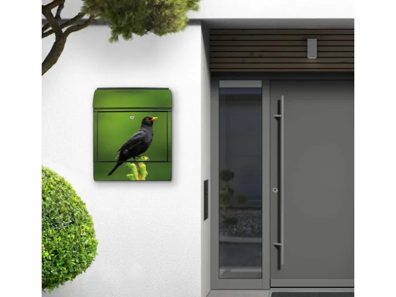 Banjado Design Briefkasten Schwarz Pulverbeschichtet 39x47x14cm 2 Schlüssel Mit Zeitungsfach Motiv Vogel Auf Tannenzweig