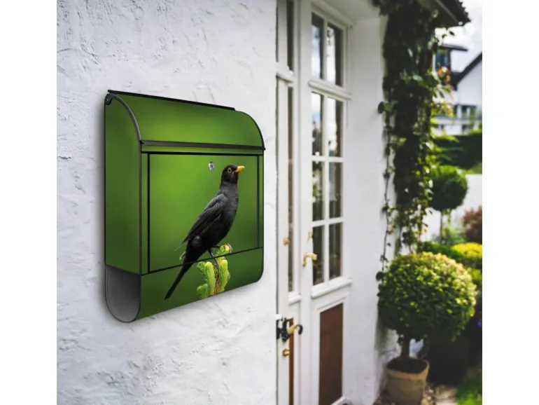 Banjado Design Briefkasten Schwarz Pulverbeschichtet 39x47x14cm 2 Schlüssel Mit Zeitungsfach Motiv Vogel Auf Tannenzweig