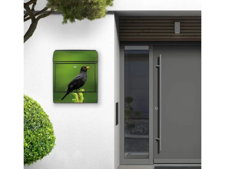 Banjado Design Briefkasten Schwarz Pulverbeschichtet 39x47x14cm 2 Schlüssel Mit Zeitungsfach Motiv Vogel Auf Tannenzweig
