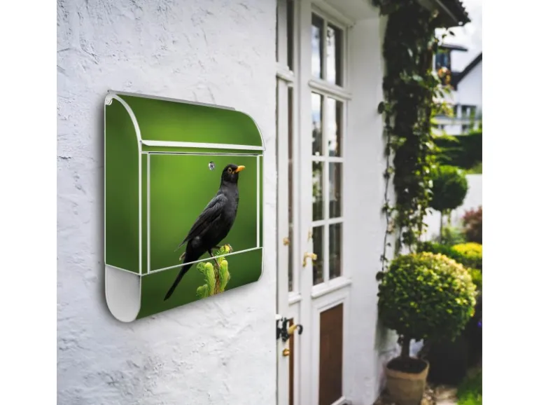 Banjado Design Briefkasten Weiß Pulverbeschichtet 39x47x14cm 2 Schlüssel Mit Zeitungsfach Motiv Vogel Auf Tannenzweig