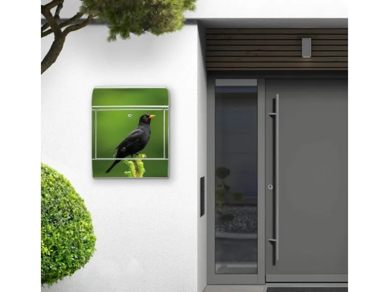 Banjado Design Briefkasten Weiß Pulverbeschichtet 39x47x14cm 2 Schlüssel Mit Zeitungsfach Motiv Vogel Auf Tannenzweig