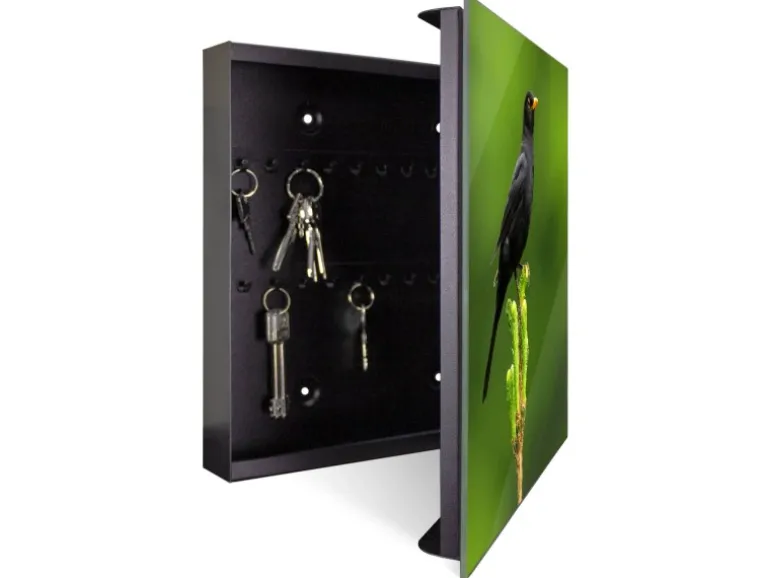 Banjado Großer Schlüsselkasten Glas 30x30cm Schwarz Scharnier Rechts 50 Haken Beschreibbar Magnetisch Motiv Vogel Auf Tannenzweig