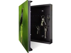 Banjado Großer Schlüsselkasten Glas 30x30cm Schwarz Scharnier Links 50 Haken Beschreibbar Magnetisch Motiv Vogel Auf Tannenzweig