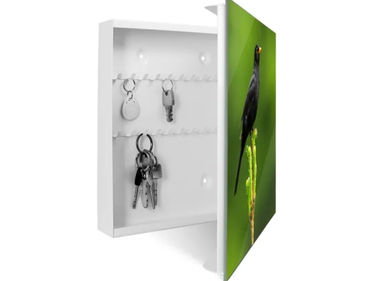 Banjado Großer Schlüsselkasten Glas 30x30cm Weiß Scharnier Rechts 50 Haken Beschreibbar Magnetisch Motiv Vogel Auf Tannenzweig