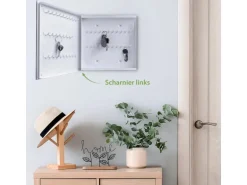 Banjado Großer Schlüsselkasten Glas 30x30cm Weiß Scharnier Links 50 Haken Beschreibbar Magnetisch Motiv Vogel Auf Tannenzweig