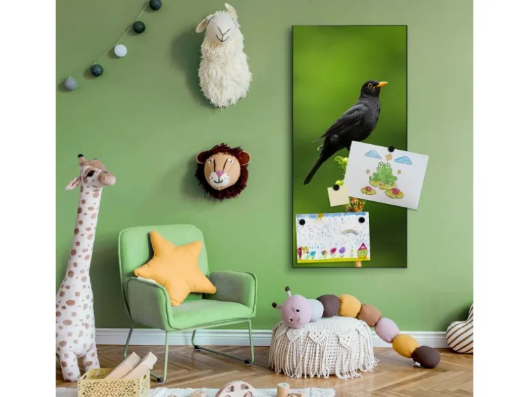 Banjado Magnettafel 37x78cm Magnetwand Schwarz Aus Metall Magnetpinnwand Pinnwand Inkl. 4 Magnete Motiv Vogel Auf Tannenzweig