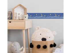 Bricoflor Blaue Bordüre mit Sternen und Mond Schlafzimmer und Kinderzimmer Tapetenbordüre mit Bergen Papierbordüre mit Vinyl