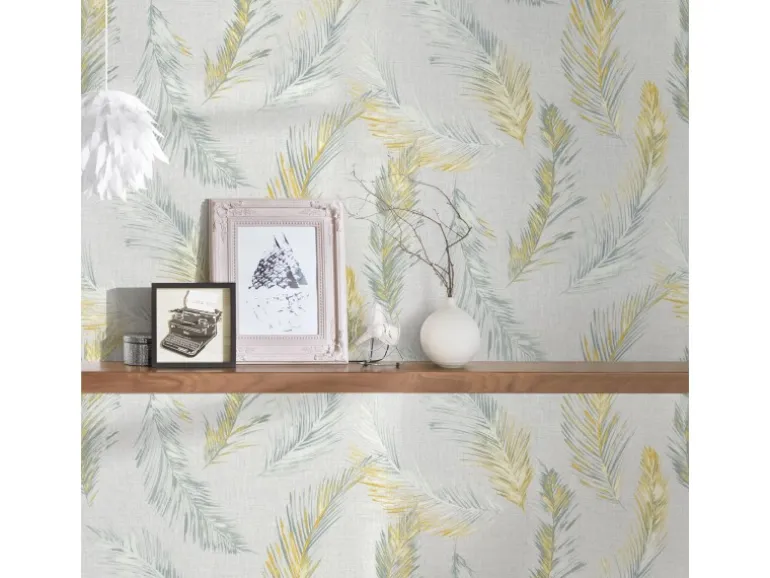 Bricoflor Vintage Feder Tapete Leinen Federtapete aus Vlies und Vinyl Hellgrau Gold Muster Vliestapete mit Federn Ideal für Schlafzimmer und Esszimmer