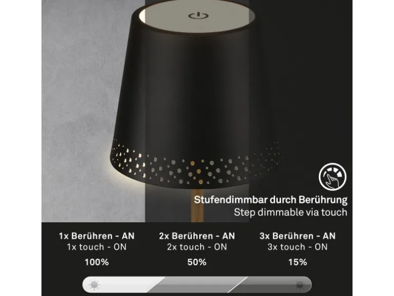 Brilo Akku-Tischleuchte mit Perforierung Schwarz-Holzfarben 2,6W