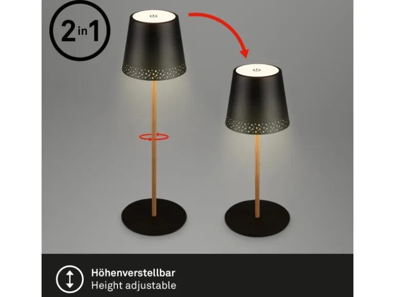 Brilo Akku-Tischleuchte mit Perforierung Schwarz-Holzfarben 2,6W