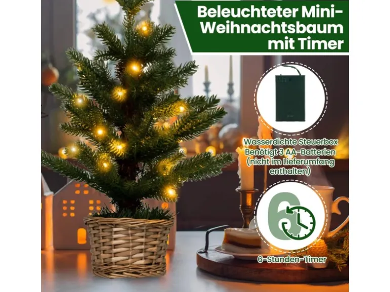 Costway Beleuchteter Mini Weihnachtsbaum & Weidenholztopf & Timer 48cm