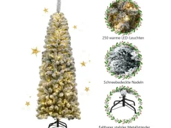Costway Bleistift Weihnachtsbaum mit Schnee und Led-Leuchten 180cm