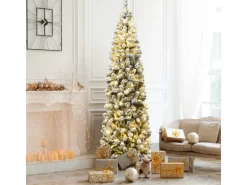 Costway Bleistift Weihnachtsbaum mit Schnee und Led-Leuchten 225cm