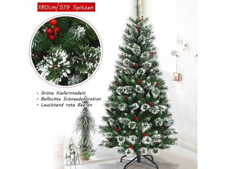 Costway Künstlicher Weihnachtsbaum 180cm mit Roten Beeren PVC Nadeln