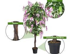 Costway Kunstbaum mit Blättern & 2 Stämmen Kunstblume Rosa 180 cm