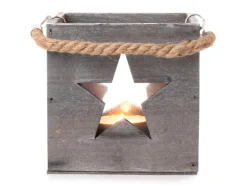 Deko-Holzbox Stern mit Glaswindlicht 14 cm Grau