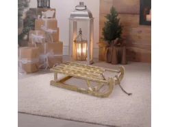 ECD Germany Deko Schlitten aus Holz 50,5 cm Braun Natur mit LED Weihnachtsdeko