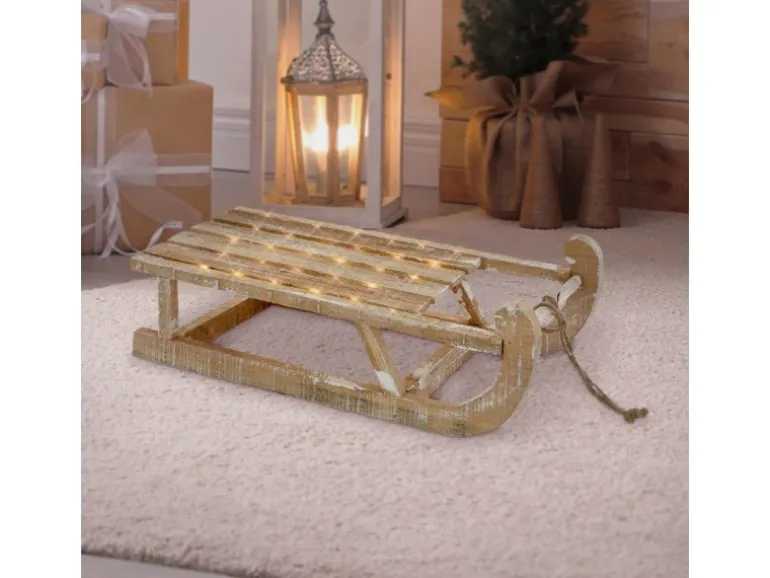 ECD Germany Deko Schlitten aus Holz 50,5 cm Braun Natur mit LED Weihnachtsdeko