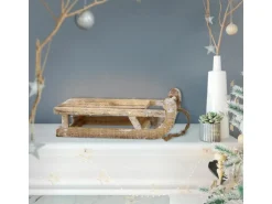 ECD Germany Deko Schlitten aus Holz mit 25 Warmweißen LEDs 31,5 cm Braun-Natur