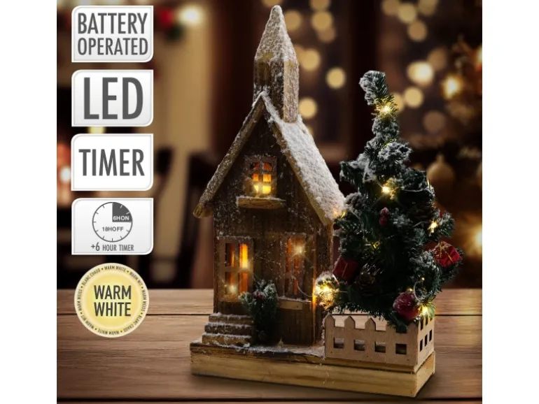 ECD Germany Dekorative Holz-Weihnachtshaus LED-Beleuchtung 27x11x44 cm