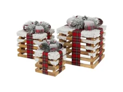 ECD Germany 3Er Set LED Geschenkboxen Braun Holz Geschneit mit Timer