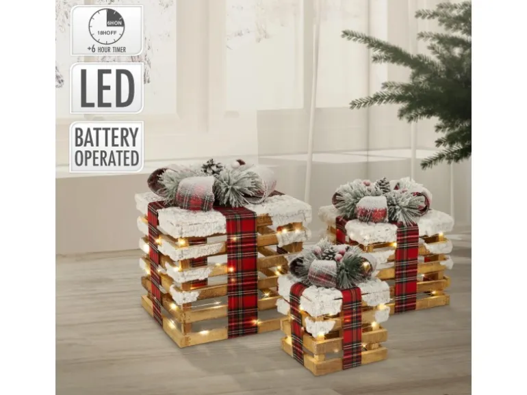 ECD Germany 3Er Set LED Geschenkboxen Braun Holz Geschneit mit Timer