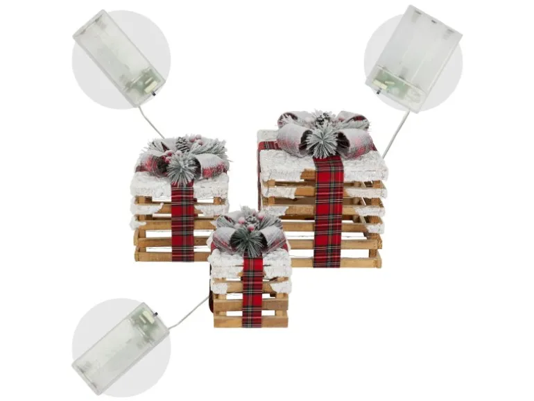 ECD Germany 3Er Set LED Geschenkboxen Braun Holz Geschneit mit Timer
