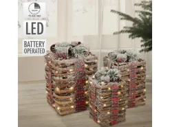 ECD Germany 3Er Set LED Geschenkboxen Braun Rattan Geschneit mit Timer