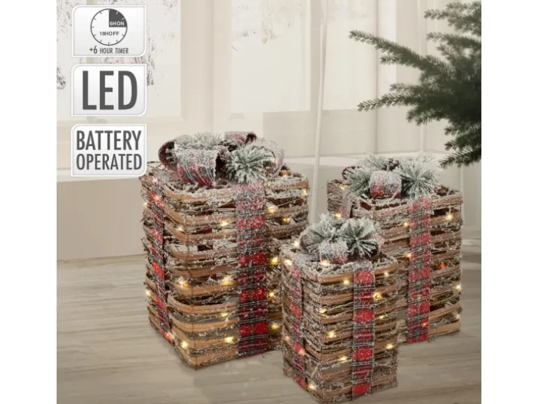 ECD Germany 3Er Set LED Geschenkboxen Braun Rattan Geschneit mit Timer