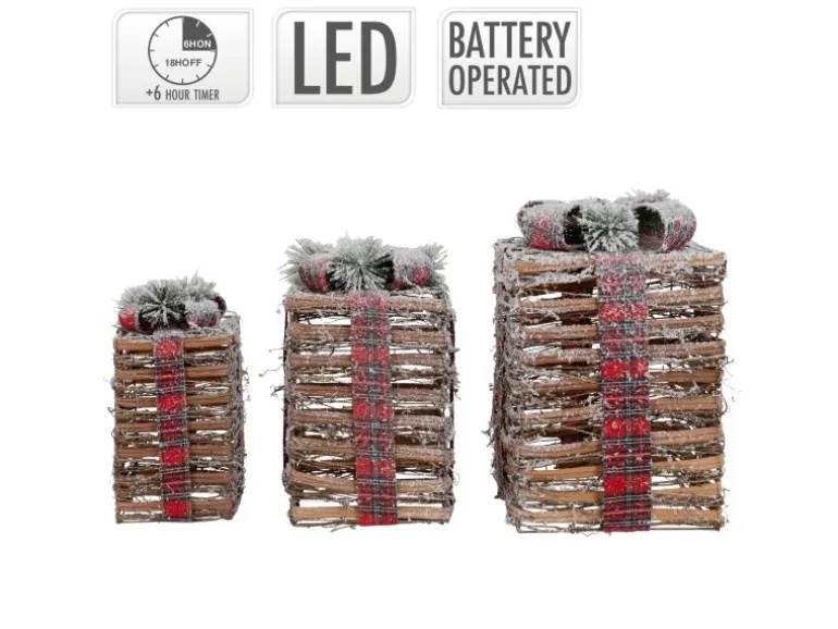 ECD Germany 3Er Set LED Geschenkboxen Braun Rattan Geschneit mit Timer