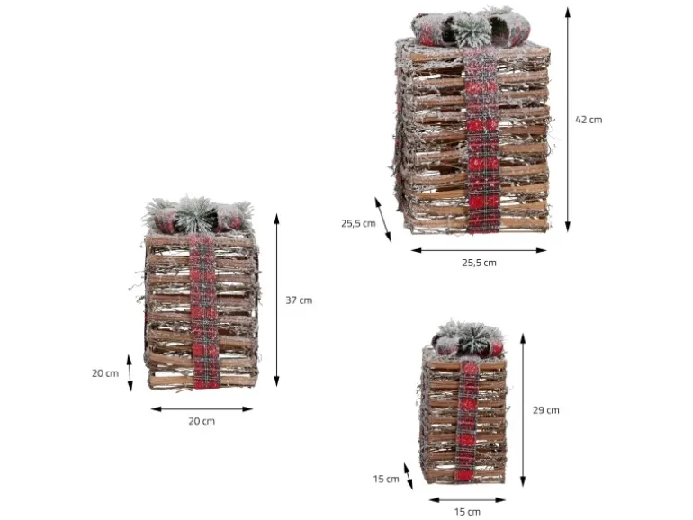 ECD Germany 3Er Set LED Geschenkboxen Braun Rattan Geschneit mit Timer