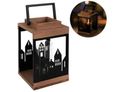 ECD Germany Holzlaterne 22cm Gartenlaterne mit Kerzenständer Henkel Stadt Muster