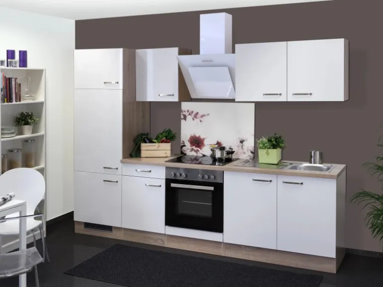 Flex-Well Exclusiv Küchenzeile Valero 270 cm Hochglanz Weiß-Sonoma Eiche