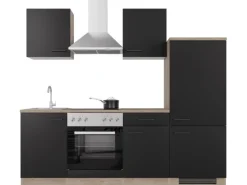 Flex-Well Exclusiv Küchenzeile Capri 220 cm Schwarz Matt-Endgrain Oak