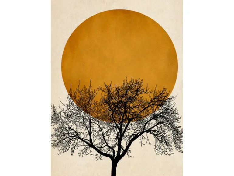 Fototapete Baum Sonnenuntergang Schwarz Weiß Gelb 2,00 m x 2,80 m FSC®