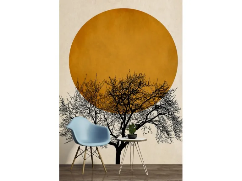 Fototapete Baum Sonnenuntergang Schwarz Weiß Gelb 2,00 m x 2,80 m FSC®