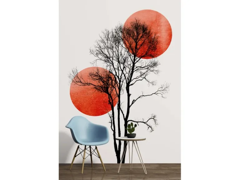 Fototapete Bäume Sonnen Mond Rot Schwarz Weiß 2,00 m x 2,80 m FSC®