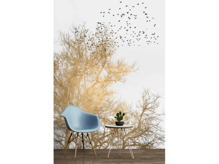 Fototapete Bäume Vögel Weiß Gold Schwarz 2,00 m x 2,80 m FSC®