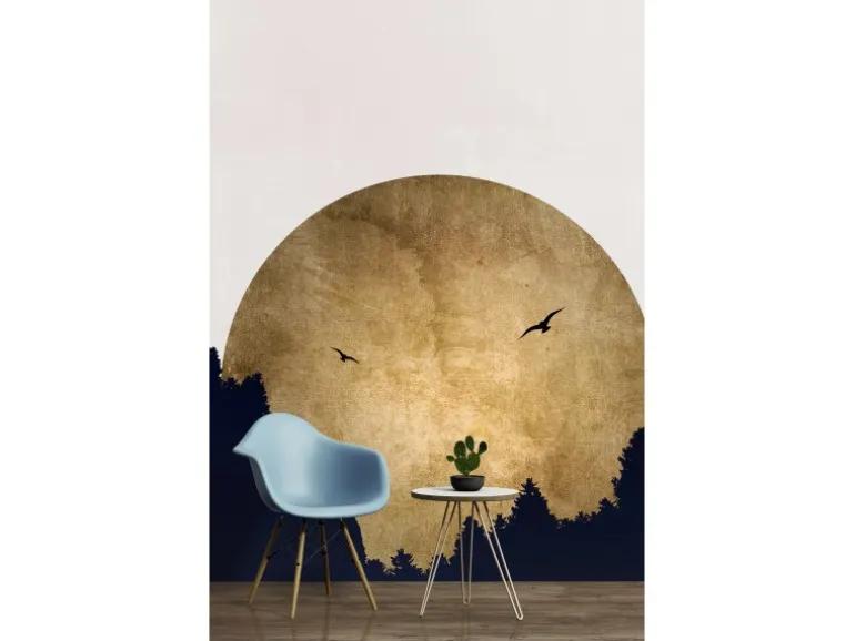 Fototapete Mond Wald Vögel Weiß Gold Schwarz 2,00 m x 2,80 m FSC®